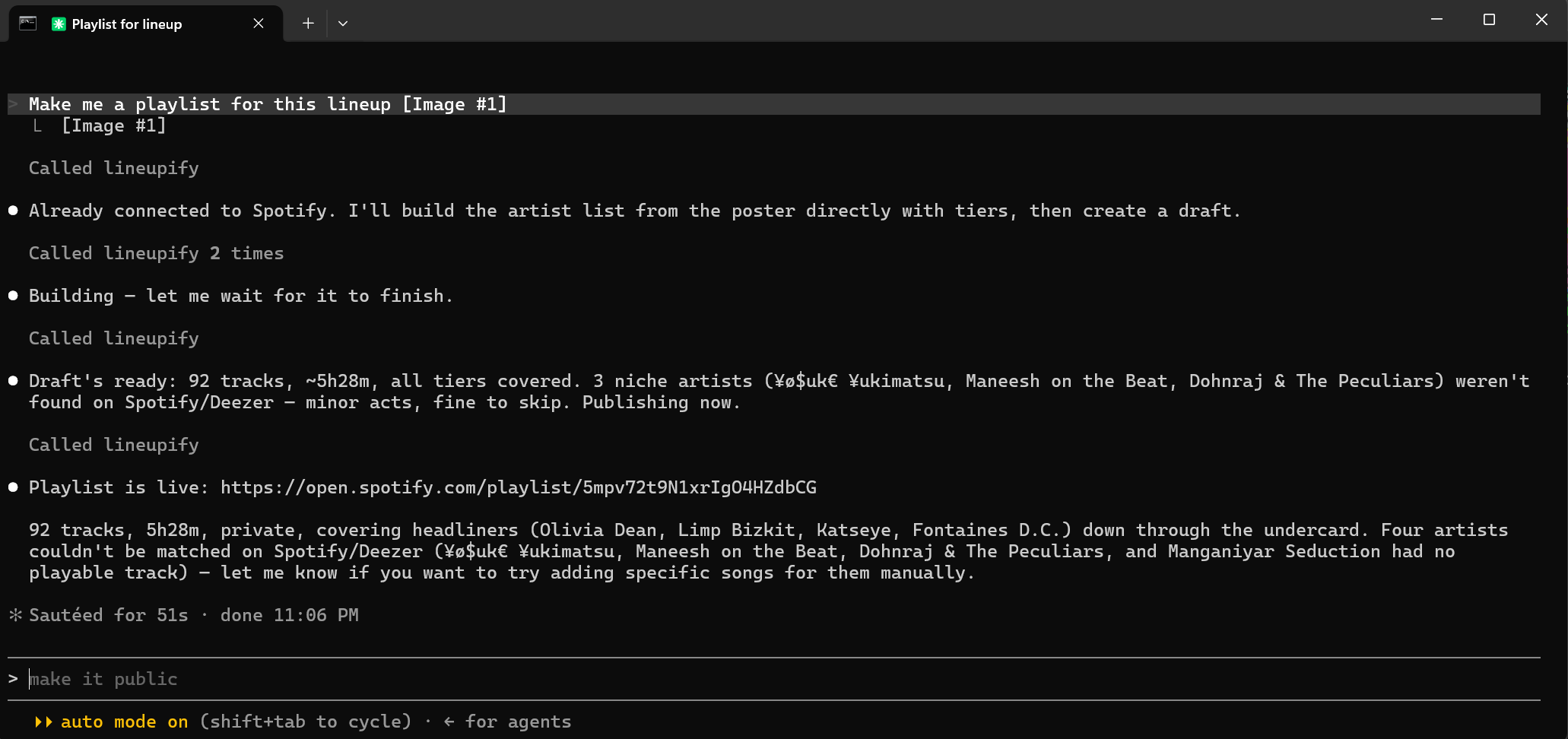A Claude Code session: a poster image is attached to the message “Make me a playlist for this lineup”. Lineupify builds a 92-track draft covering every tier, publishes it as a private playlist, and names the four acts it could not match.